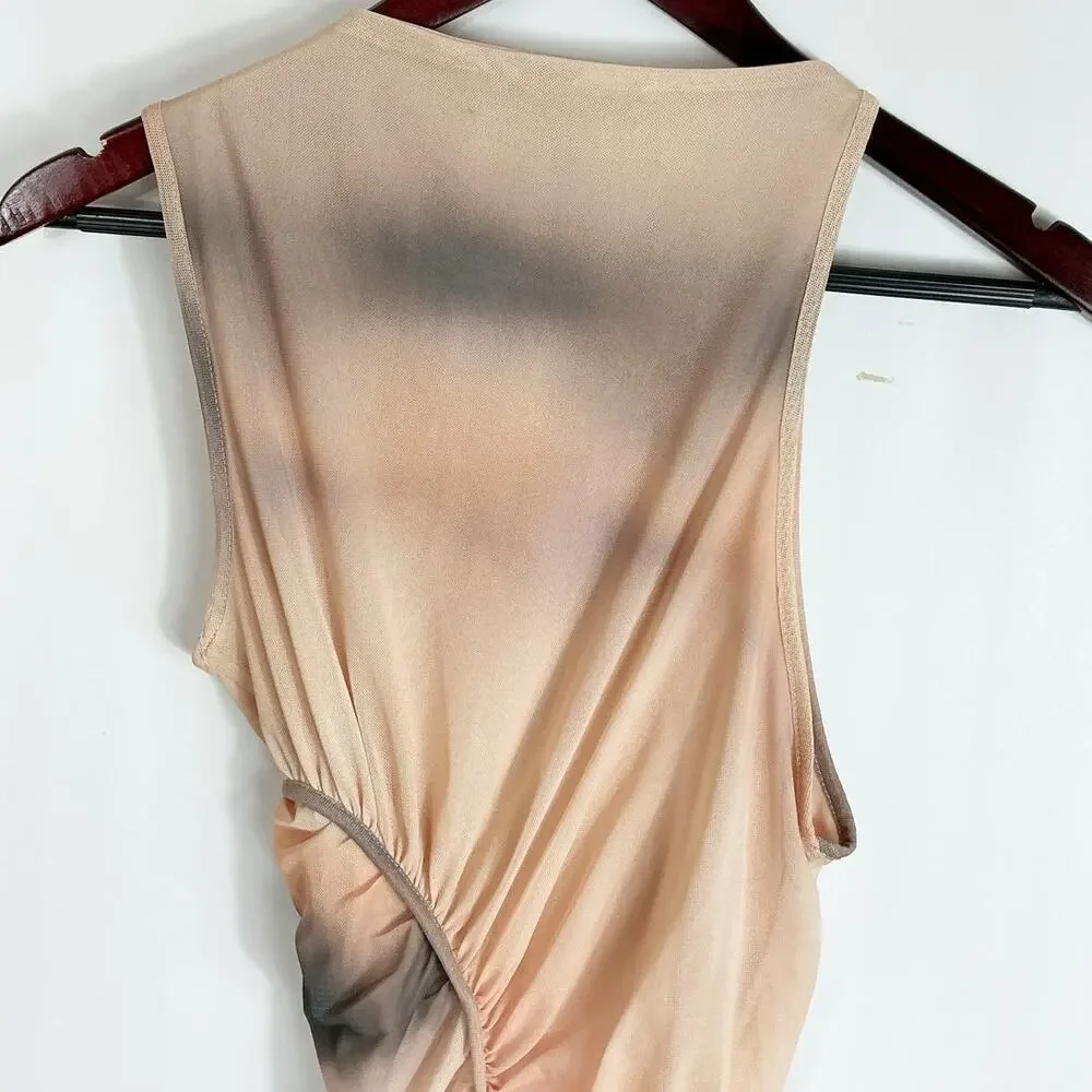 ZARA Womens Asymmetrical Ruched Mesh Tank Shirt Tie Dye Medium - Picture 4 of 5